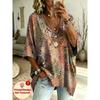 Plus Size Women's Simple Bohemian Pattern Print V-neck Top Three-quarter Sleeve Loose Casual T-shirt