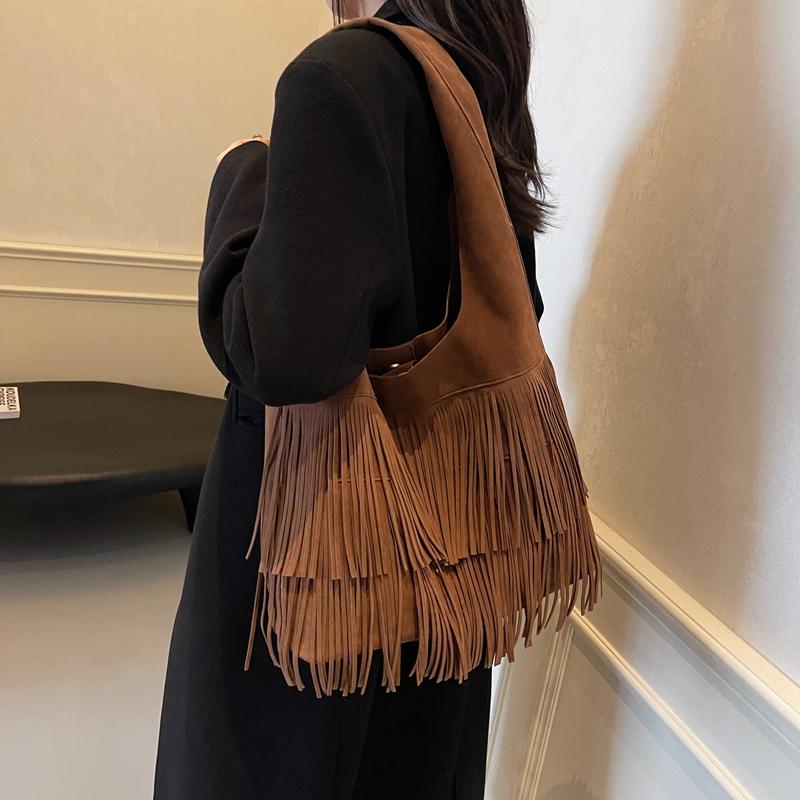 Retro Matte Tassel Bag for Ladies High Capacity Soft Fabric Stitching Line Good Appearance Single Shoulder Bag Personality New