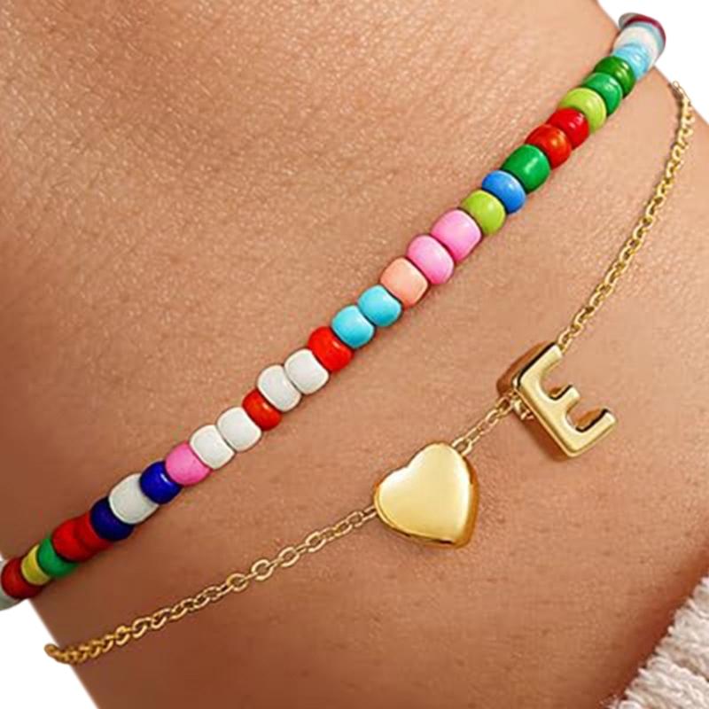 Double Layer Heart Beaded Bracelet Feature Initial Charm Letter Fashion Copper Jewelry Gift For Teen Girls Women