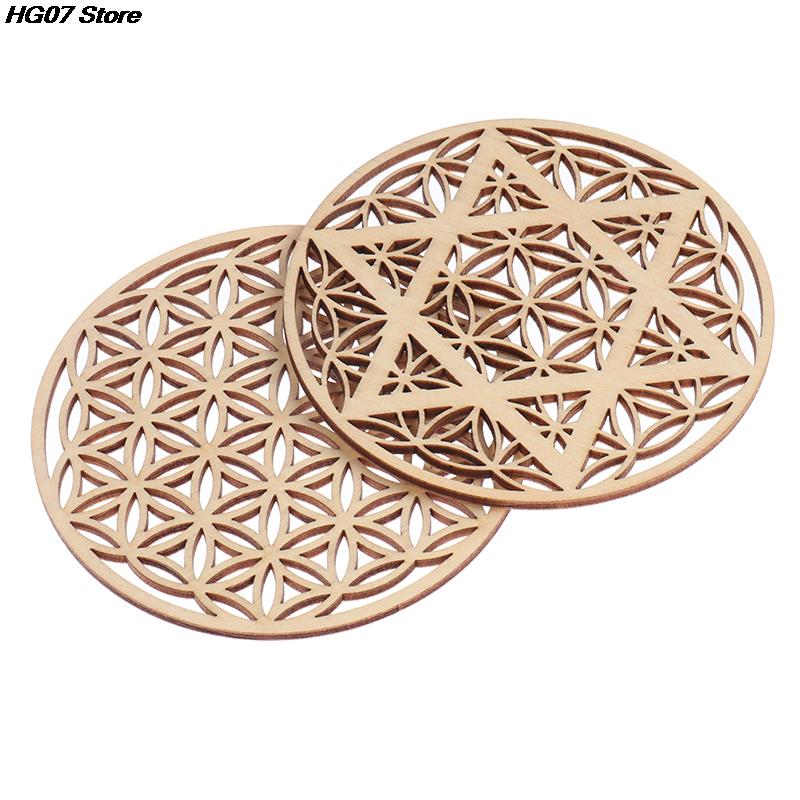 New 1PC Natural Wood Chakra Flower of life Natural Symbol Wood Round Edge Circles Carved Coaster For Stone Crystal Set DIY Decor