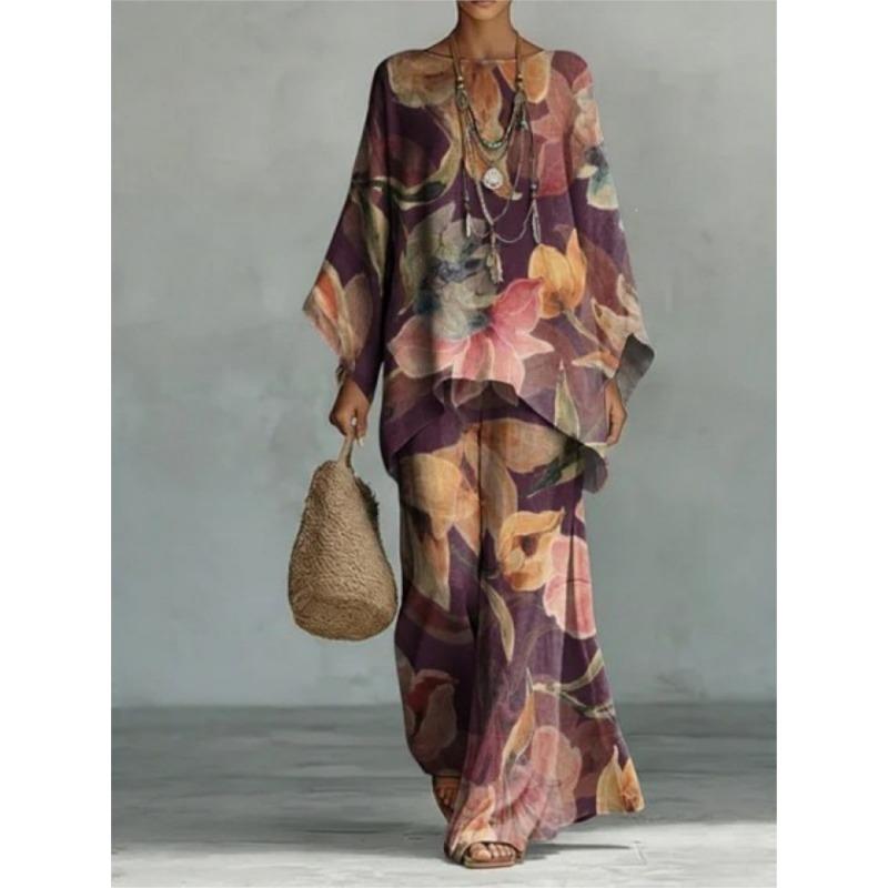 Women’s Vibrant Watercolor Print Batwing Sleeve Top & Wide Leg Pants