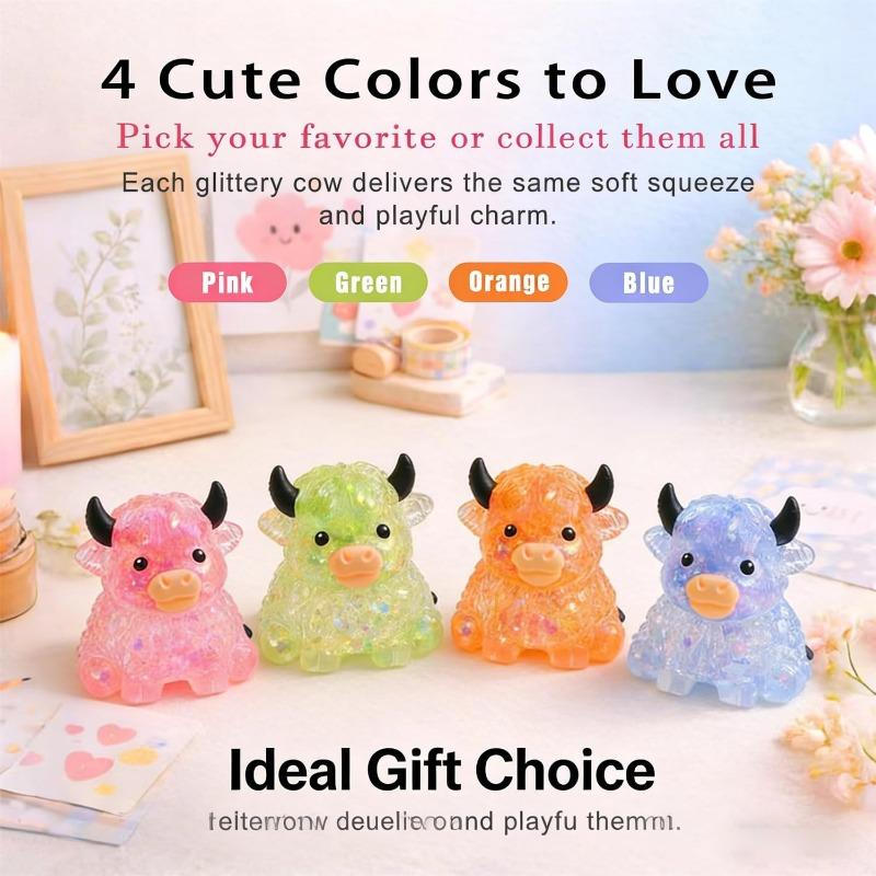 Glitter Highland Cow Squishies Fidget Toy,Soft Slow Rising Stress Ball, Sparkly Sensory Squeeze Toy for Adults,Cute Cow Lover Gift