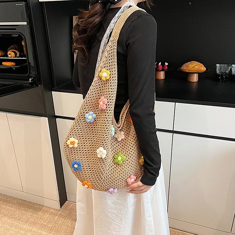 Women Flower Knitted Shoulder Bag  Handbag Lightweight Crochet Tote Bag Casual Top Handle Bag Outdoor Travel Bag
