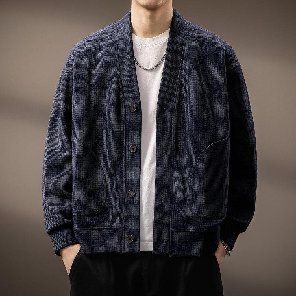 2025 Men's Japanese Retro Waffle Knit Hoodie - Winter Casual Fashion Long Sleeve Jacket