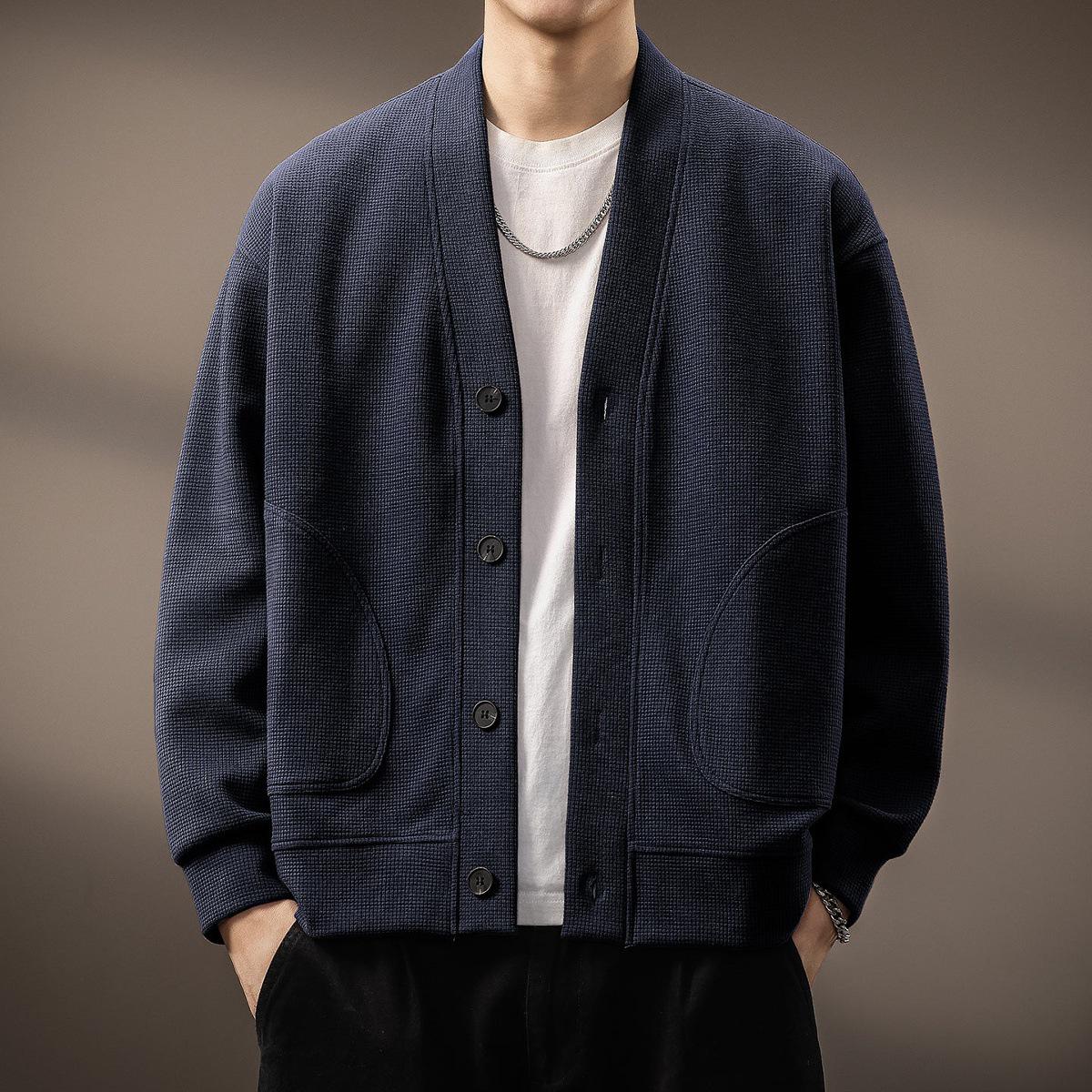 2025 Men s Japanese Retro Waffle Knit Hoodie - Winter Casual Fashion Long Sleeve Jacket M for 50-60 kg