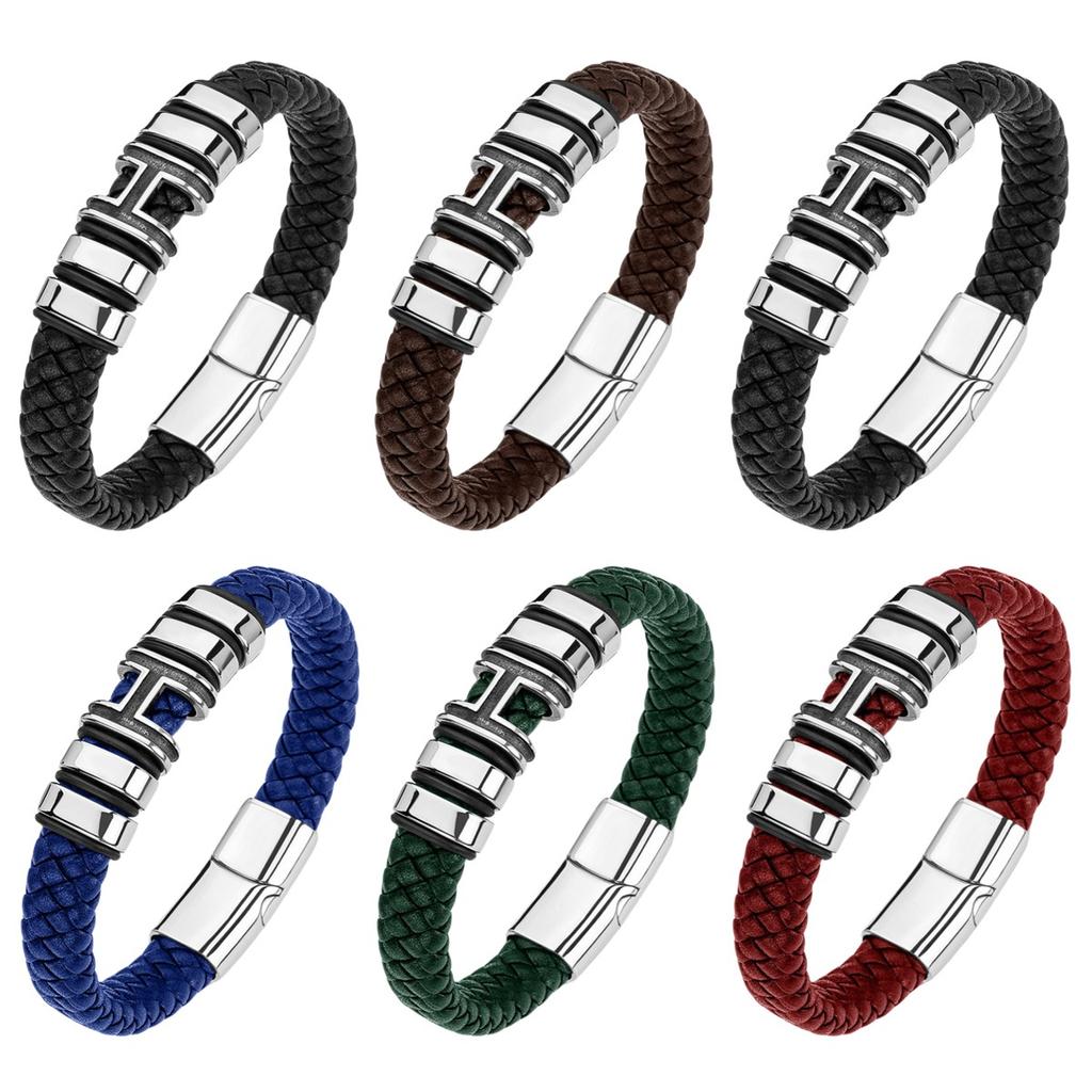 Multicolor Braided Fiber Leather Bracelet Stainless Steel Bead Magnetic Buckle Mens Daily Wrist Accessory