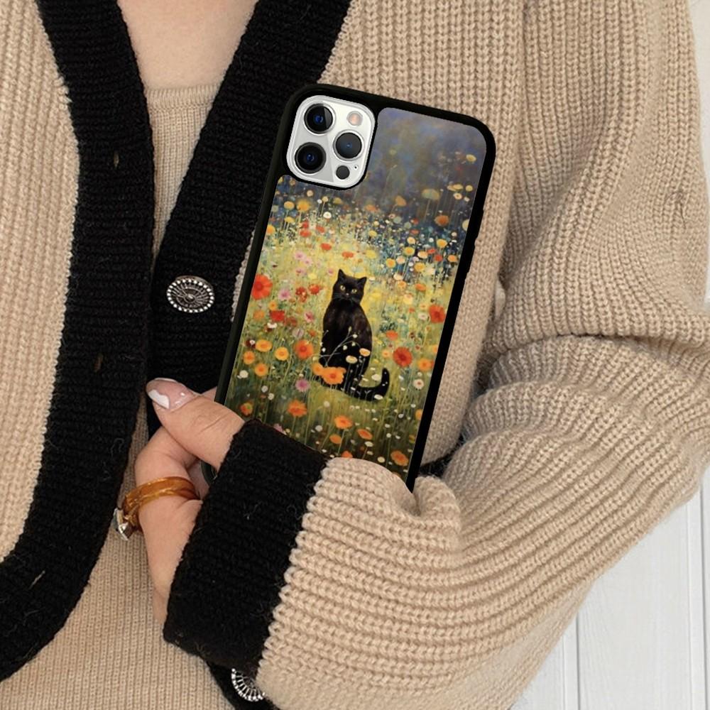 Cartoon Animal Black Cat Oil Painting Phone Case Silicone PC+TPU For For iPhone  11 12 13 14 15 16 Plus Pro Max Cover