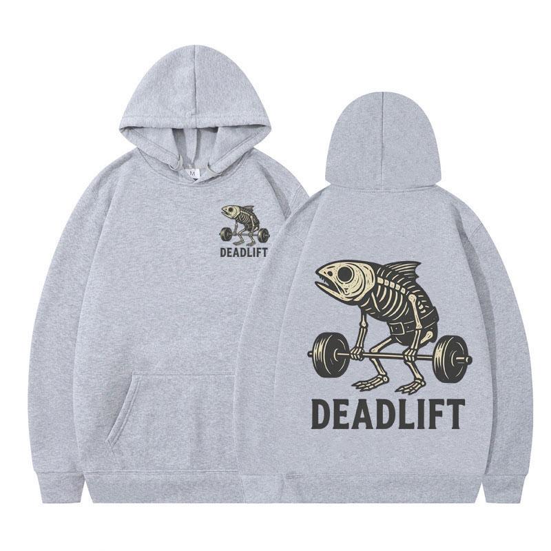Fish Skeleton Deadlift Fish Bone Gym Workout Vintage Graphic Hoodie Men Women Winter Long-sleeved Fashionable Casual Sportswear