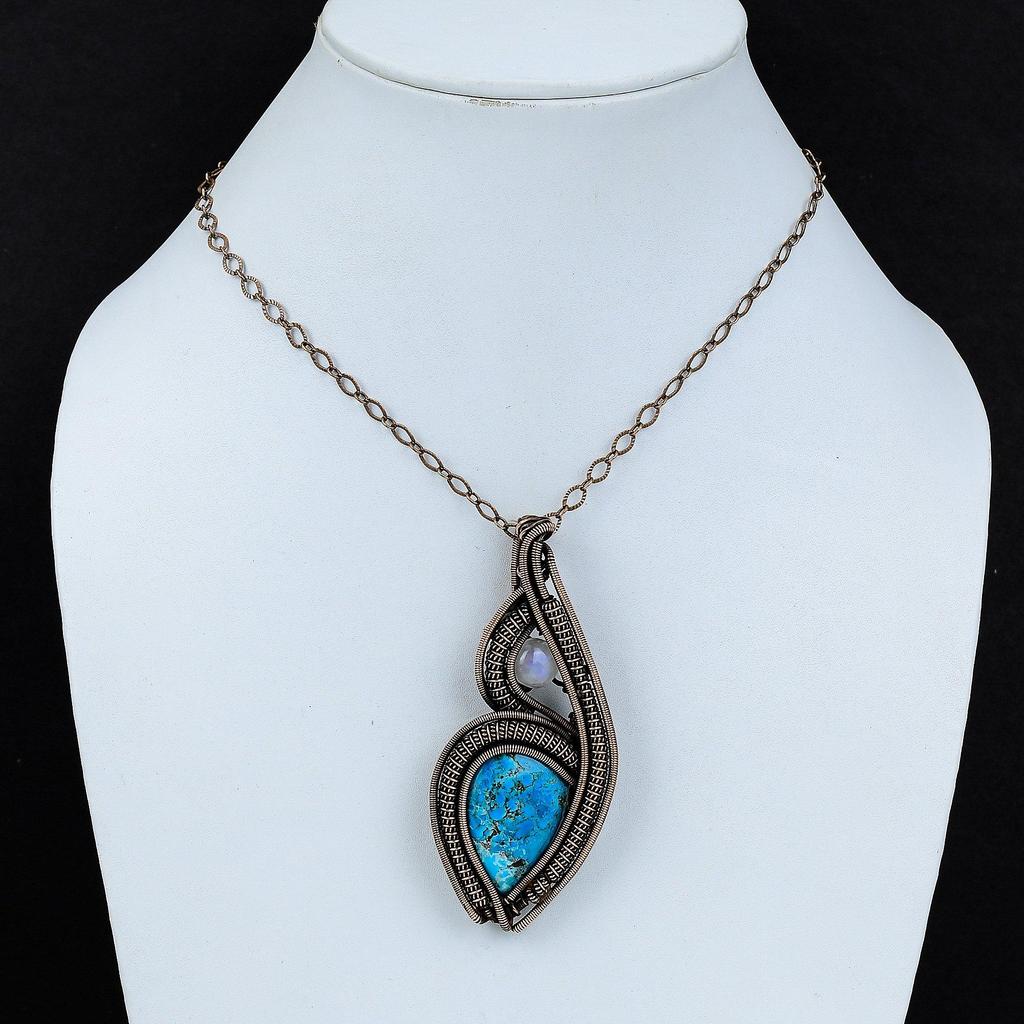 Tibetan Turquoise Pendant Copper Wire Wrapped Pendant Rainbow Moonstone Pendant Handmade Copper Jewelry Gemstone Jewelry Gift For Engagement
