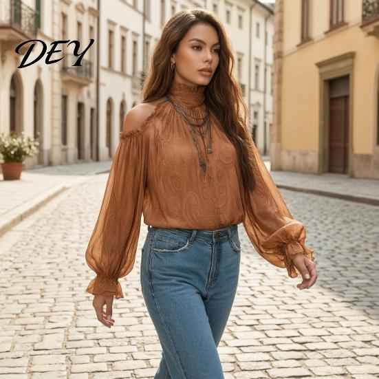 Long Sleeve Shirts Women Fall Cold Shoulder Shirt, Vintage Ethnic Print High Casual Blouses Collar Blouse, Ruffle Lantern Top Soft