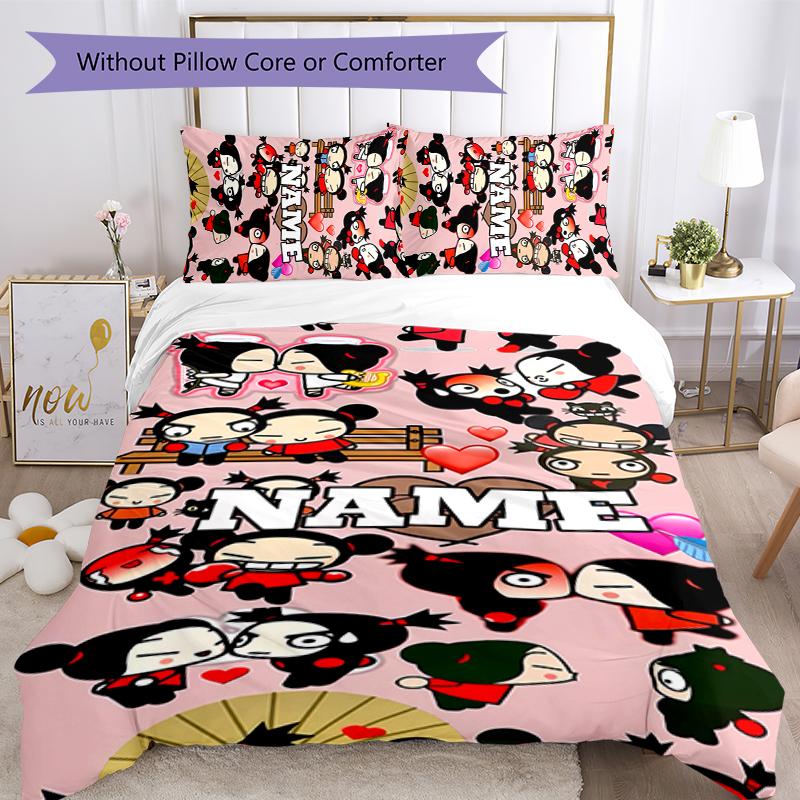 3pcs Custom Name Pucca Bedding Set Duvet Cover Closure Includes 1 Duvet Cover & 2 Pillowcases for All Seasons Bedroom Decor