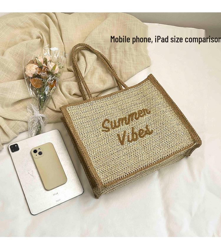 Women's Large Capacity South Wind Chic Straw Woven Tote Bag with Embroidered Letters