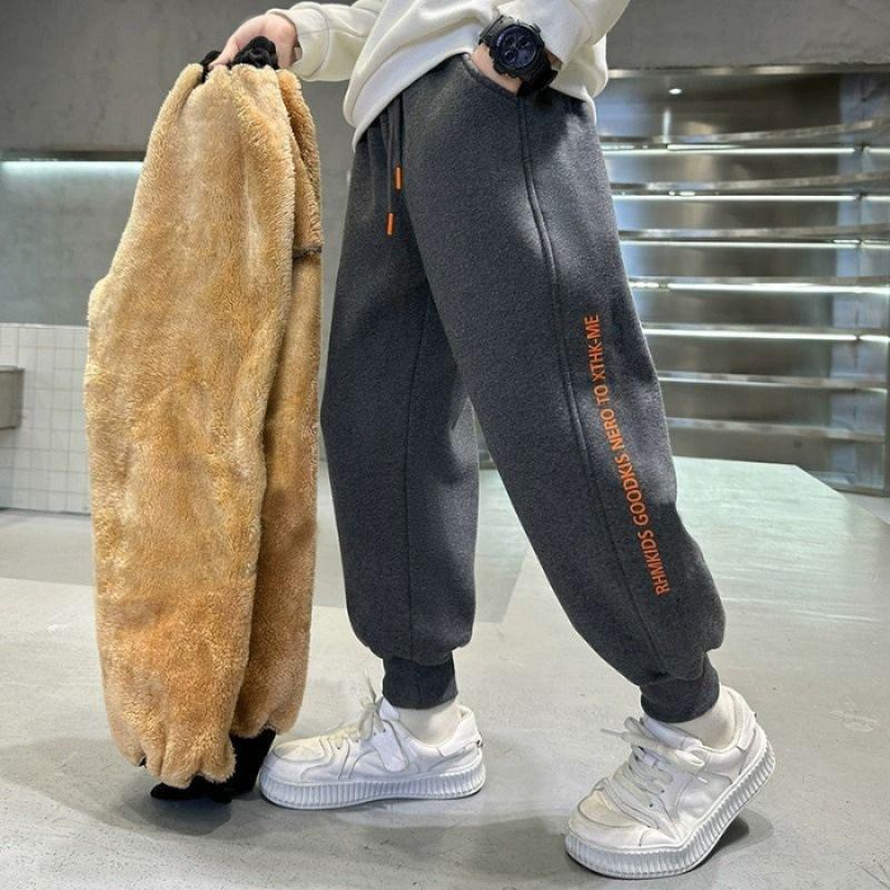 Boys Thick Lambswoolen Pants Winter Teenager Plush Velvet Trousers Children Cotton Sports Pants Big Kids Warm Snow Clothing
