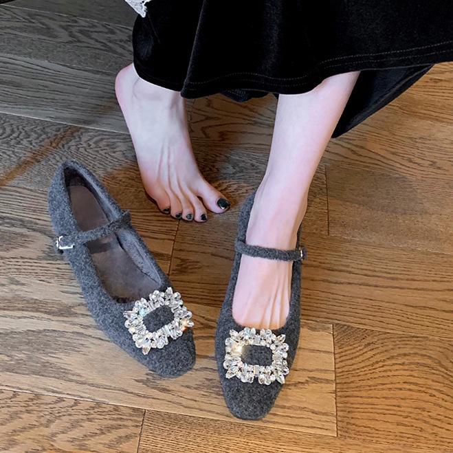 Wool Version~ Diamond Buckle Small Square Head with Woolen Thick Heel Mary Jane Single Shoes Women's Spring Leather Small Heels Ladyshoes