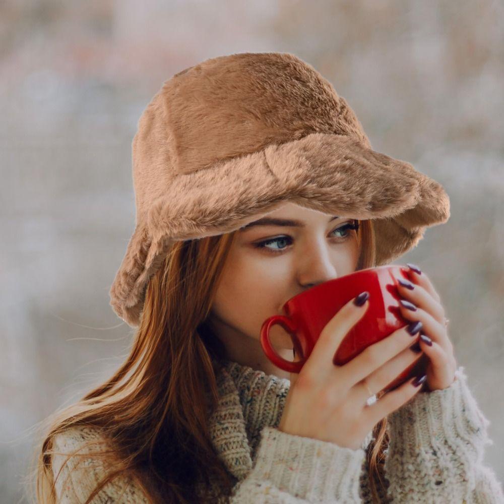Plush Fisherman Cap Thick Warm Plush Bucket Hat Fashionable Fluffy Winter Cap Outdoor Activities