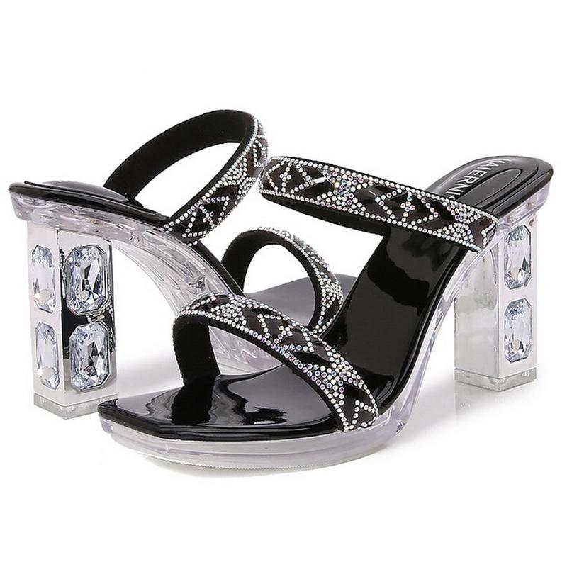 Damen Strass-High-Heel-Sandalen Quadratische Zehenpartie Dicker Absatz Mules für Büro Nachtclub Party Kneipe Bankett Hochzeit Anziehen