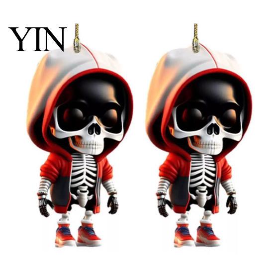 Lightweight Acrylic Car Decor 2Pcs Hoodie Skeleton Ornaments, 2D Flat Pendants, Gothic Backpack Pendant And Keychain Charm Style Hanging Ornaments for