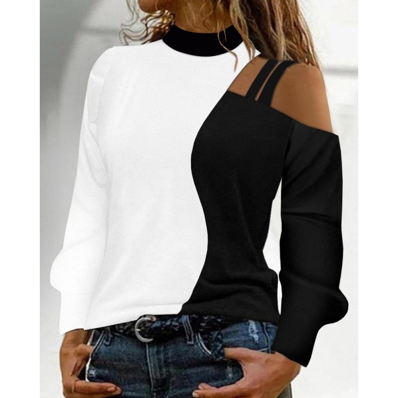 Women's Long Sleeve Off Shoulder Top Color Block Design High Neck Casual Blouse in Multi Colors