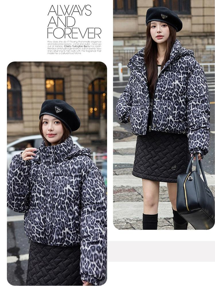 Vintage Odnímatelná Kapuce Leopardí Vzor Krátká Zimní Bunda