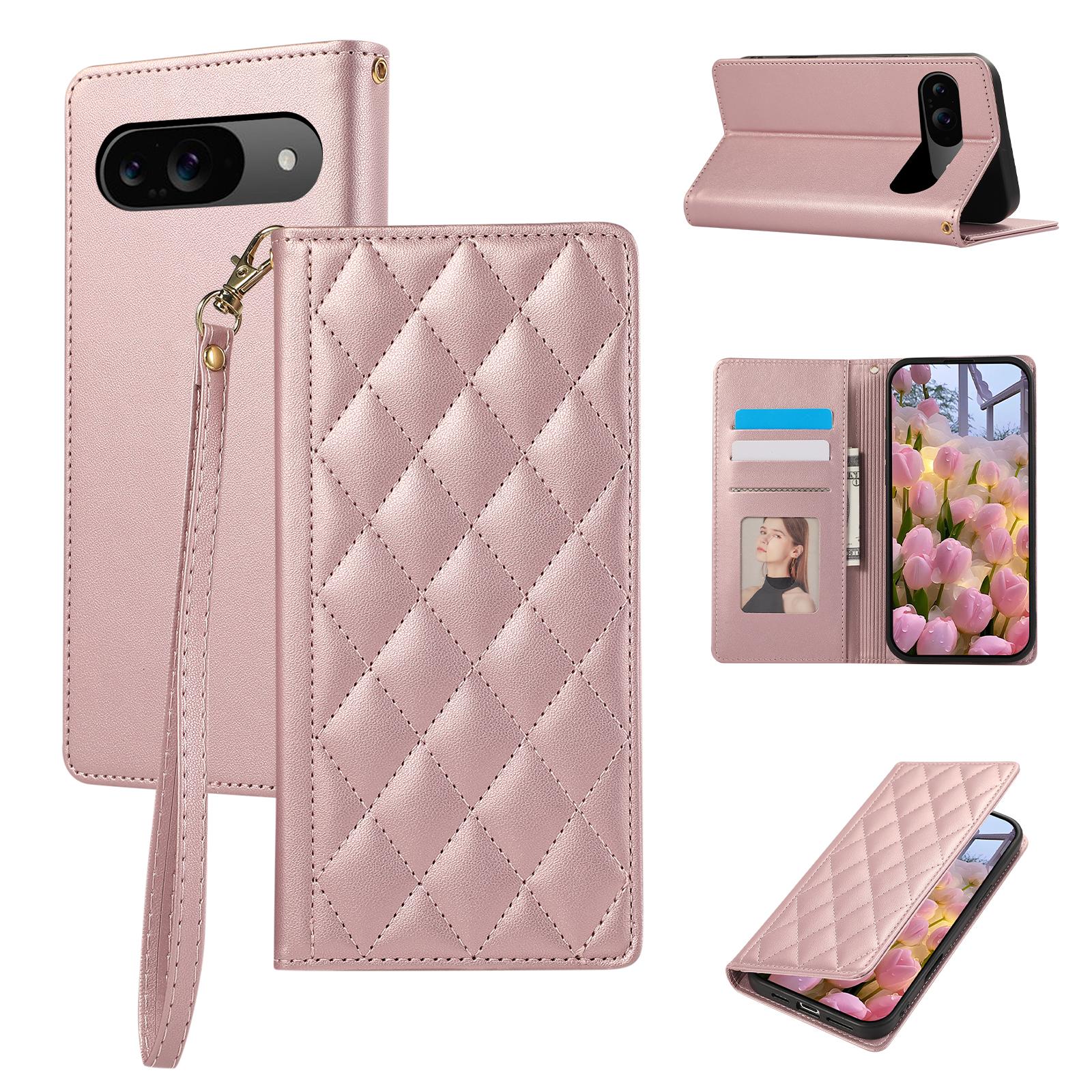 

For Google Pixel 9/9 Pro Case RFID Blocking Wallet Stand Rhombus Leather Phone Cover with Wrist Strap Rose Gold