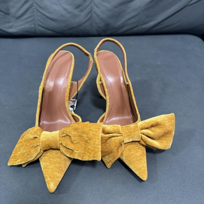 Moda Zapatos de Tacón Alto Mula Puntiaguda de Terciopelo Amarillo con Lazo para Mujer