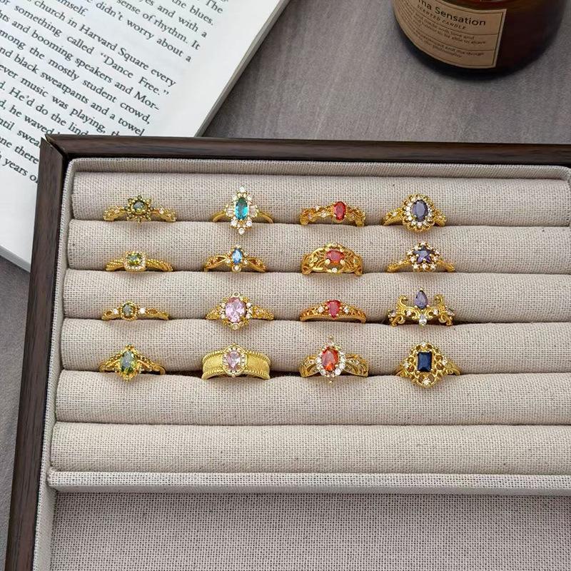 Medieval Vintage French Colored Treasure Zircon Light Luxury High-End Open Ring Niche Design Ring Woman