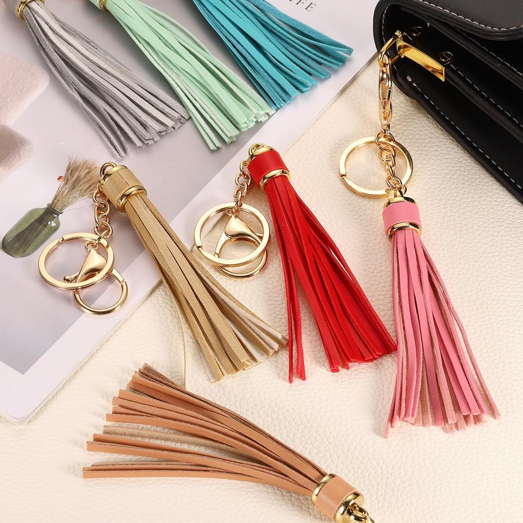 uxcell 5-Piece Set of Leather Keychain Tassels for Women, Lobster Buckle Key Rings for Handbags, Wallets, and DIY Crafts, Pink