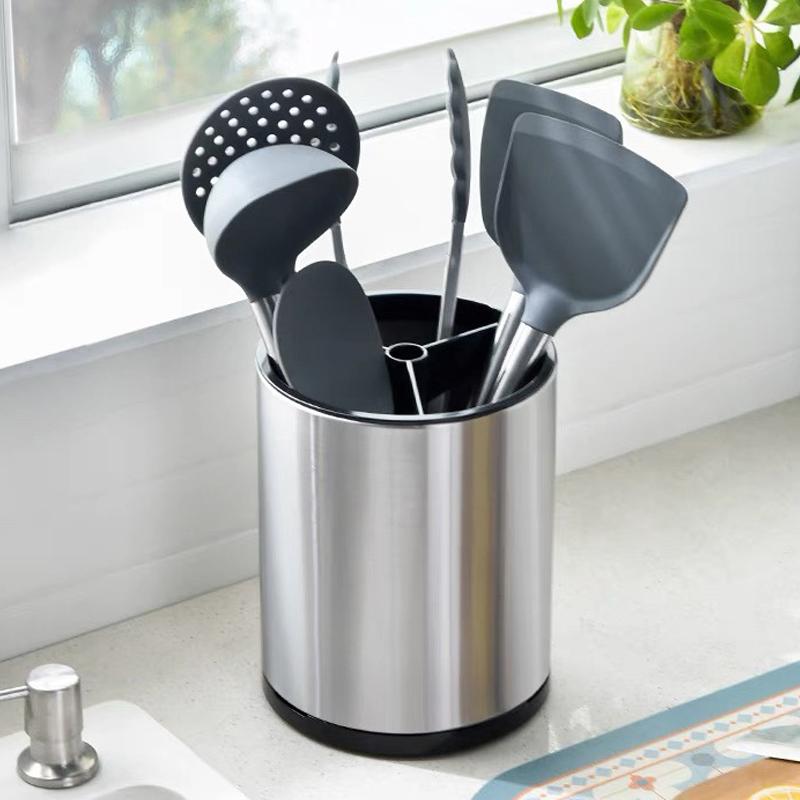 360° Rotating Large Utensil Holder Stainless Steel Cutlery Drainer Chopstick Spoon Fork Tableware Kitchen Storage Bucket