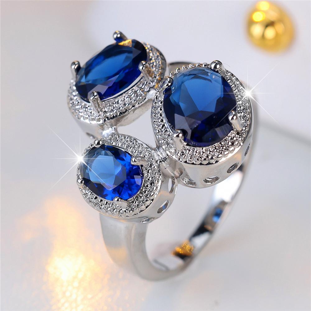 Luxury Female Blue Oval Finger Ring Vintage Silver Color Wedding Band Bridal  For Women