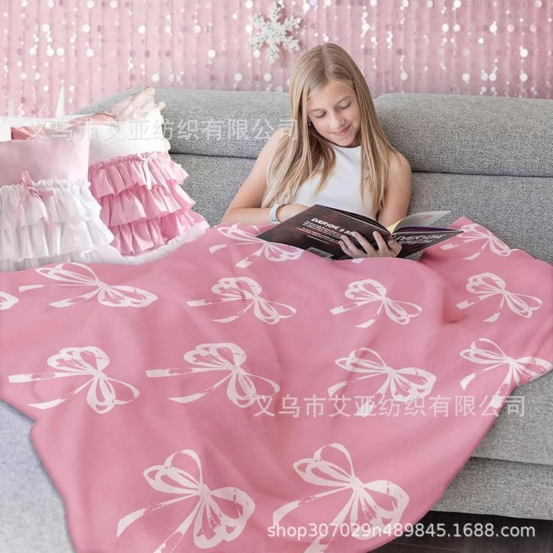 Cute Pink Flannel Blanket Soft Bow Design Nap Air Conditioner Girls