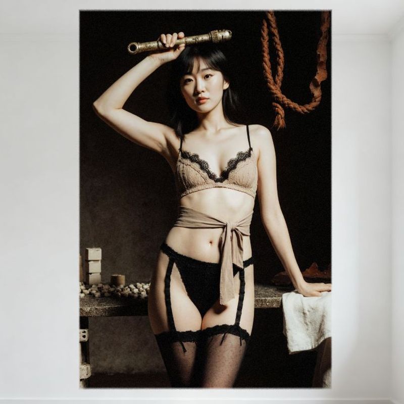 

Sexy East Asian Woman Vintage Rustic Setting Tin Sign - Lace Bralette, Lingerie, Telescope Metal Poster for Home Bar Pub Wall De 20x30cm（7.8x11.8inch）