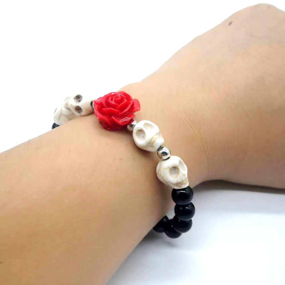 Halloween Gift Acrylic Rose Blossoms Skull Beads Two Styles of Hand Woven Adjustable and Elastic Rope Bracelets for Men