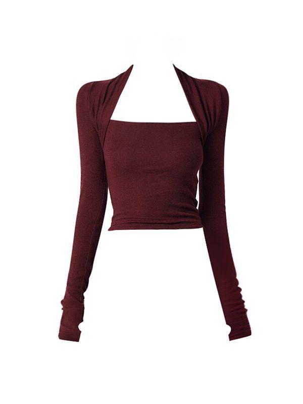 Spicy Girl Solid Color Two-Piece Look Slim-Fit Base Layer Top - Women's Stylish Autumn/Winter Short Top