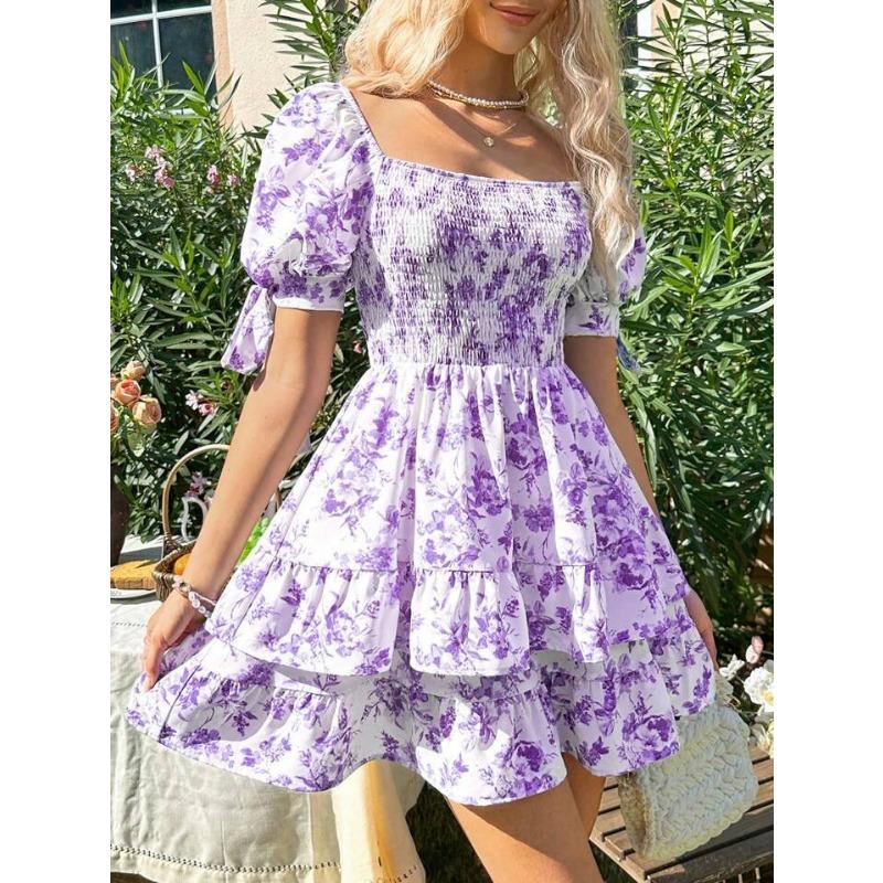 Summer Floral Print Square Neck Ruffled Puff Sleeve Vacation Dress
