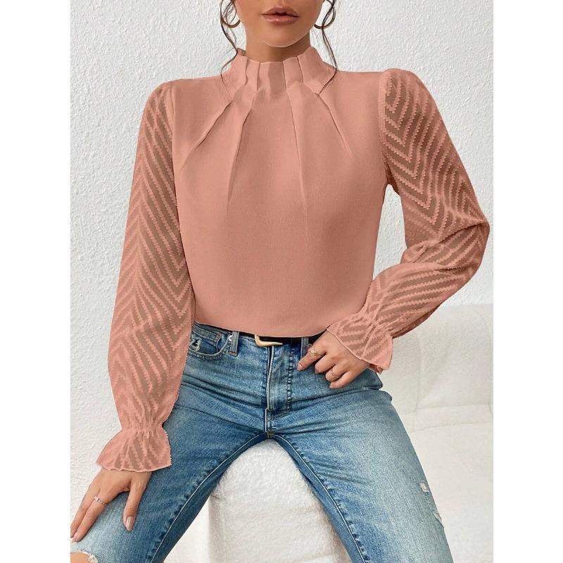 Damen Lockerer Halbrollkragen Patchwork Wellenförmiges Chiffon Langarm Pullover Top