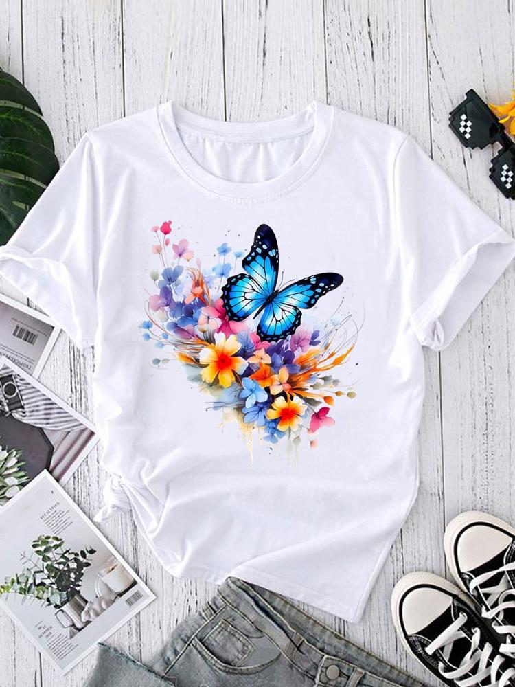 (Asian Size) Short Sleeve T-shirts O-neck Casual Clothing Fashion Female watercolor love heart Women's Top T shirt Printed Graphic Tee