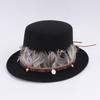 Autumn and Winter New Woolen Top Hats, Men's and Women's Couple Hats, Minority-style Feather Decoration with Flat Brim and Flat Edge