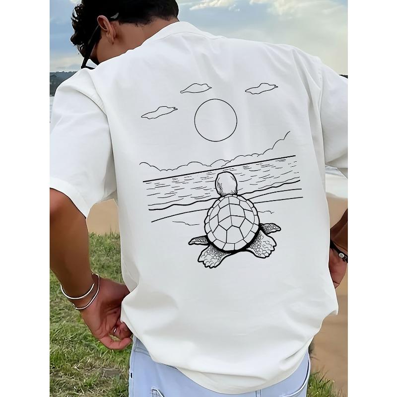 Men's Short-sleeve T-shirt, Featuring a Sea and Turtle Print On Fabric with a Regular Fit. A Stylish and Casual Crew-neck Top, Suitable for Summer