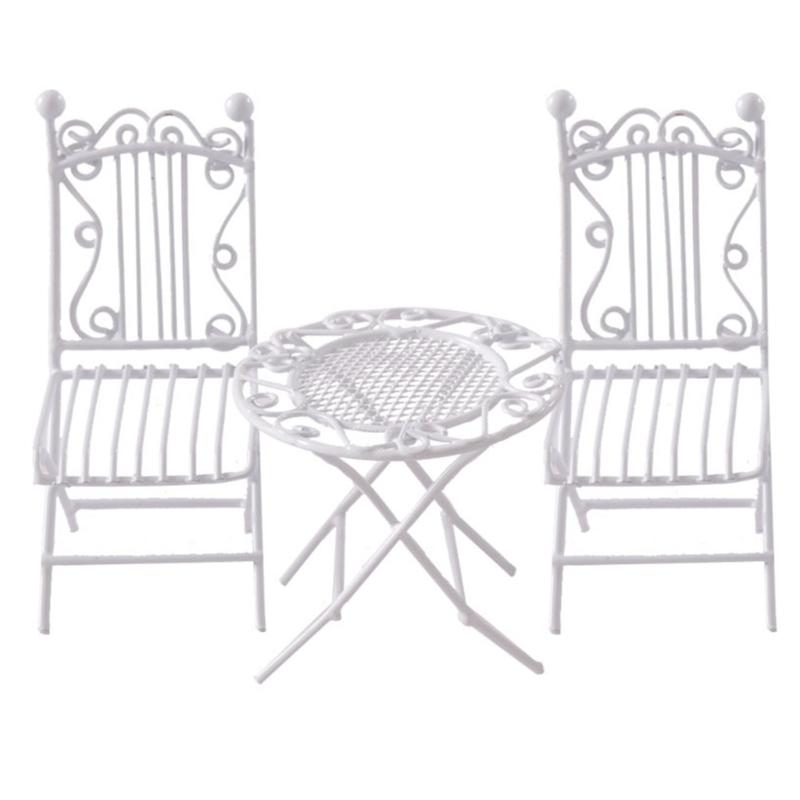 Handgefertigtes Miniatur-Möbelset aus Eisen Beistelltisch und Stühle für 1/12 Puppenhäuser Modell Garten Hofszene Ausstellungsrequisiten