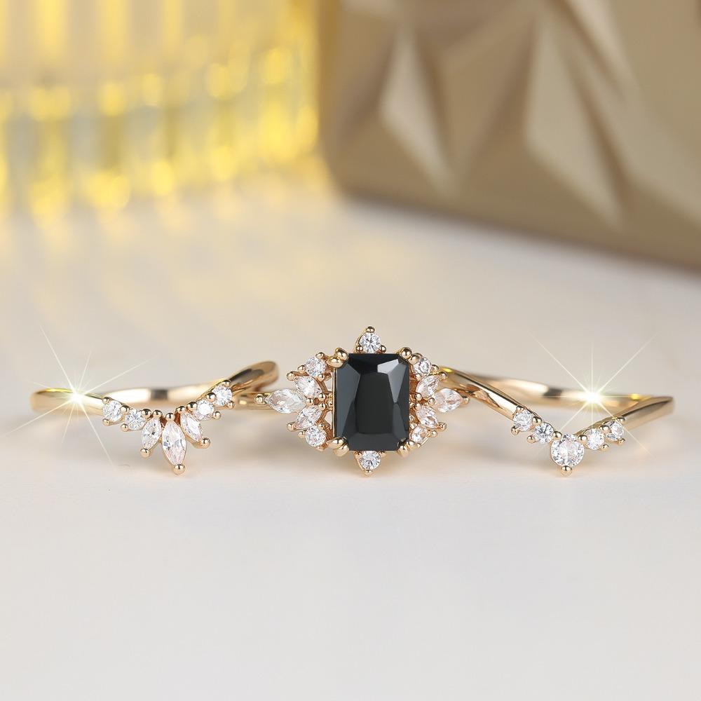 Elegant Square Black Zircon Ring Set for Women Luxury Gold Color Three-piece Commitment Ring Jewelry Accessories