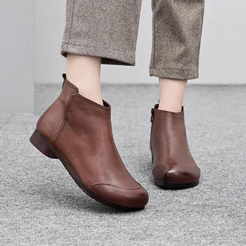 Spring Flat Women's Shoes 2025 Fashion Ankle Boots Retro Casual Plus Size Short Boots Zipper Solid Color Warm Flat Zapatos Mujer