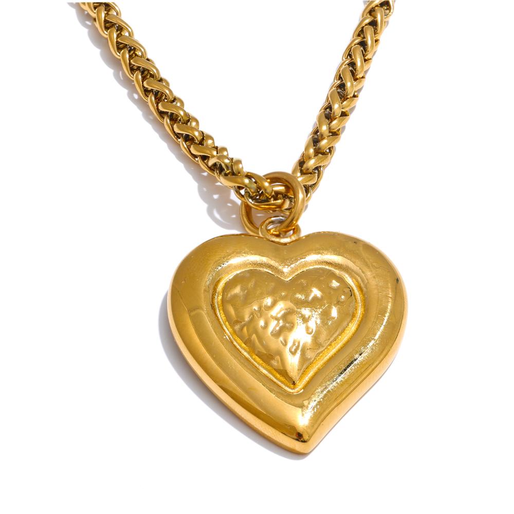 

Yhpup 18K Gold Color PVD Plated Hammer Metal Heart Love Pendant Necklace for Women Stainless Steel Romantic Young Jewellery