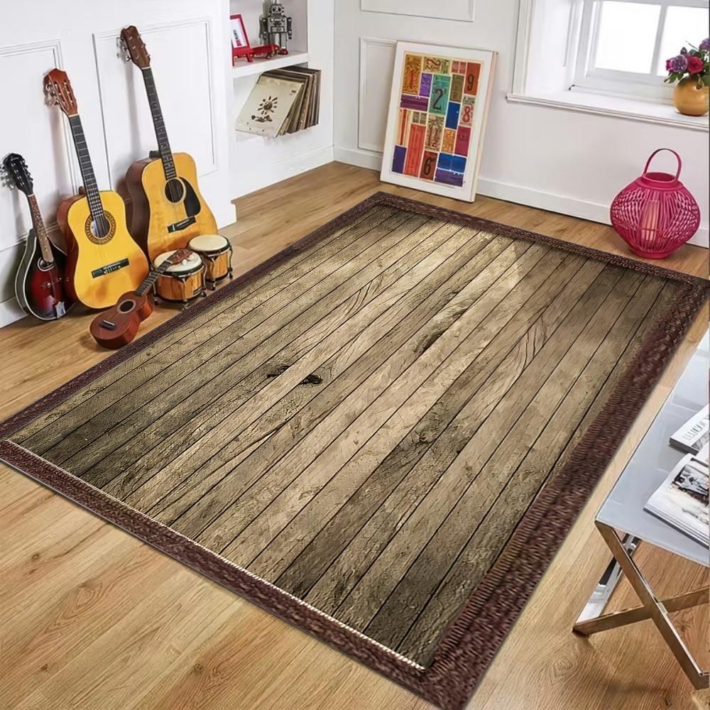 Vintage Brown Wood Grain Area Rug with Woven Border Bohemian Floor Mat for Music Room Decor Non-Slip Guitar Drum Carpet