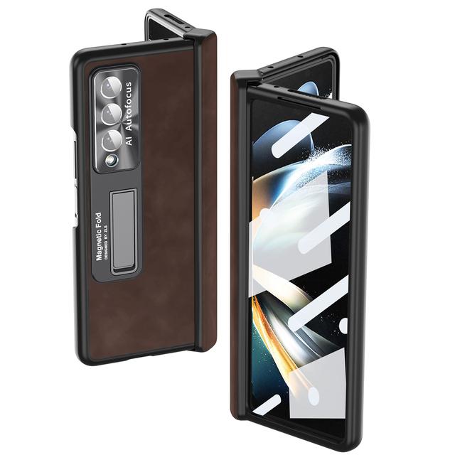 Fashion Front Glass Protector Leather Case For Samsung Galaxy Z Fold4 Zfold4 Fold 3 Fold3 Fold 4 Comfortable Kickstand Cover
