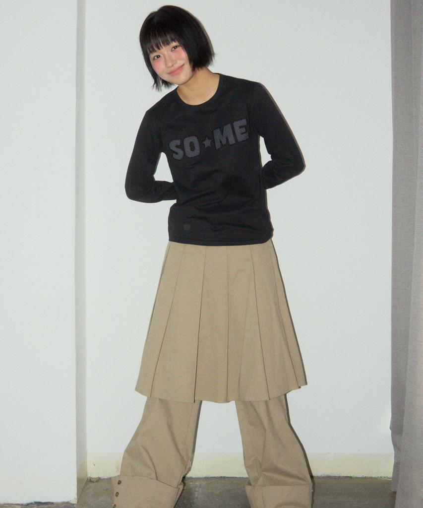 SOME PLACE 888 Pleated Midi Skirt Layered Snap Roll-Up Wide Two-Piece Set [Beige]