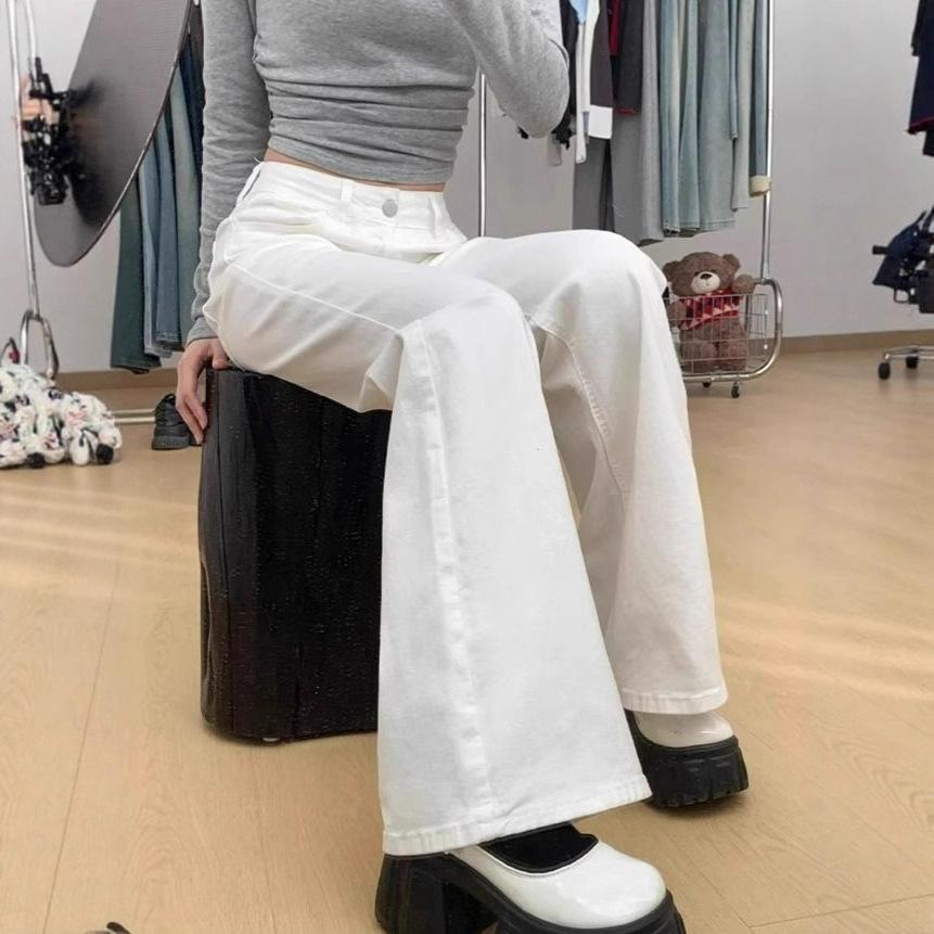 Slim White Micro Flare Jeans Female Autumn Simple High-waisted Wide-leg Skinny Leisure Straight Long Trousers Jeans for Women Long Denim Pants
