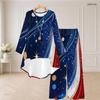 Women Plus Size Dark Blue Starry Printed Round Neck Long Sleeve High Low Top Wide Leg Pants Two Piece Set