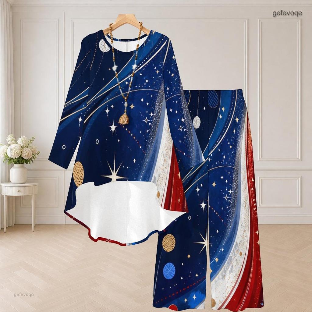 Women Plus Size Dark Blue Starry Printed Round Neck Long Sleeve High Low Top Wide Leg Pants Two Piece Set