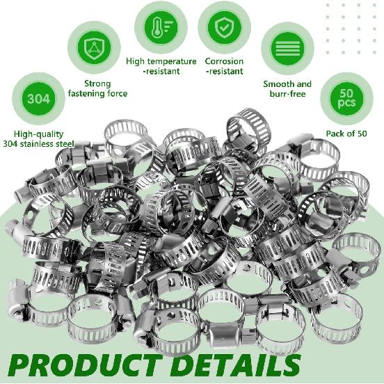 50 Pcs Stainless Steel Hose Clamps 3/8 Inch To 5/8 Inch (10-16mm) 304 Stainless Steel Worm Gear Metal Hose Clamps for Pipe, Intercooler, Plumbing,
