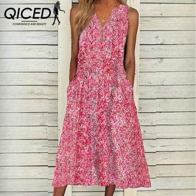 Women's Summer Printed V-Neck Floral Long Loose Sleeveless Dresses